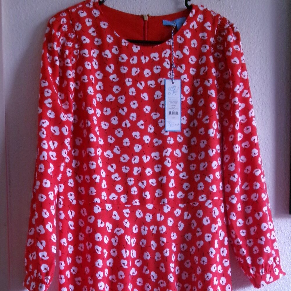 NWTS, DRAPERJAMES, SIZE 10, RED/WHITE, SMOCKED LNG SLEEVE,DROP WAISTCIRCLE DRESS